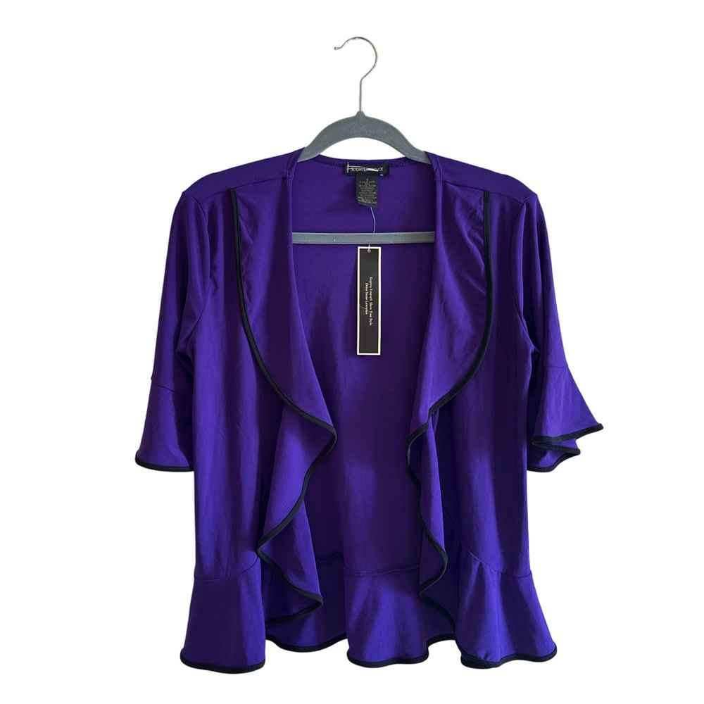 Purple Open Front Ruffle Cardigan Sz S Short Sleeve Black Trim Office Casual